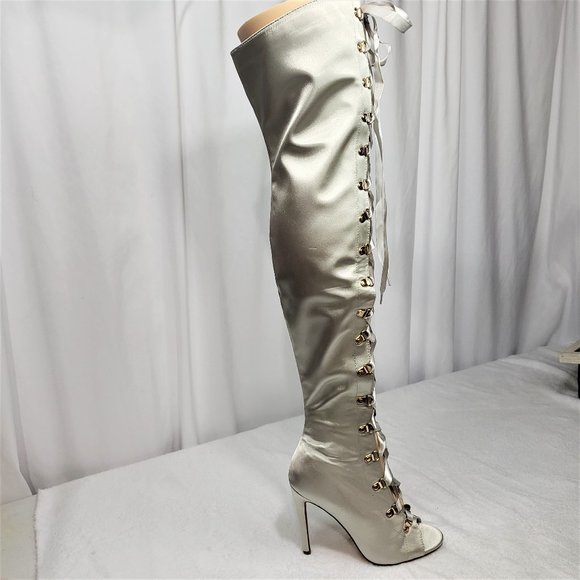 Cape Robbin Gray Lace-Up Peep Toe 4.5" Stiletto Thigh High Boots - Picture 1 of 8
